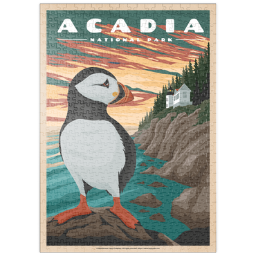 puzzleplate Acadia National Park - Bass Harbor Puffins, Vintage Travel Poster 500 Puzzle