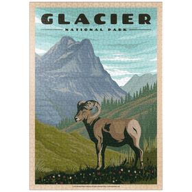 Darstellung des Puzzle-Motivs Glacier National Park - Where the Bighorn Sheep Roam, Vintage Travel Poster – Puzzleteile: 1000