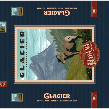 Glacier National Park - Where the Bighorn Sheep Roam, Vintage Travel Poster 100 Puzzle Schachtel 3D Modell