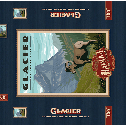 Glacier National Park - Where the Bighorn Sheep Roam, Vintage Travel Poster 100 Puzzle Schachtel 3D Modell