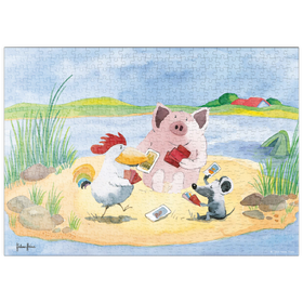 Darstellung des Puzzle-Motivs Playing Cards - Heine Drei Freunde beim Kartenspiel - Helme Heine – Puzzleteile: 500