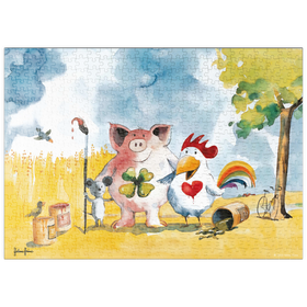 Darstellung des Puzzle Motivs In Happiness - Heine Drei Freunde im Glück - Helme Heine - Puzzleteile: 500