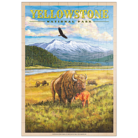 Darstellung des Puzzle Motivs Yellowstone National Park - Hayden Valley Bisons, Vintage Travel Poster - Puzzleteile: 100