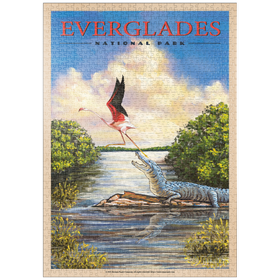 Darstellung des Puzzle-Motivs Everglades National Park - Flamingo vs. Alligator, Vintage Travel Poster – Puzzleteile: 1000