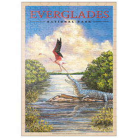 Darstellung des Puzzle Motivs Everglades National Park - Flamingo vs. Alligator, Vintage Travel Poster - Puzzleteile: 200