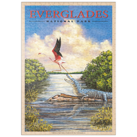 Darstellung des Puzzle-Motivs Everglades National Park - Flamingo vs. Alligator, Vintage Travel Poster – Puzzleteile: 500
