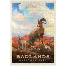 Darstellung des Puzzle-Motivs Badlands National Park: Bighorn Sheep, Vintage Poster – Puzzleteile: 1000