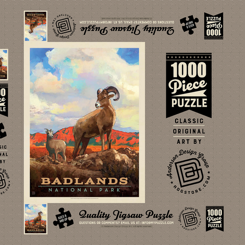 Badlands National Park: Bighorn Sheep, Vintage Poster 1000 Puzzle Schachtel 3D Modell