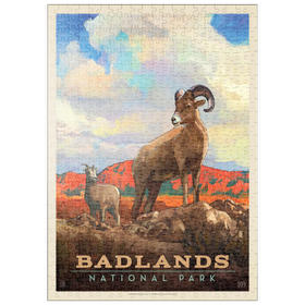 Darstellung des Puzzle-Motivs Badlands National Park: Bighorn Sheep, Vintage Poster – Puzzleteile: 500