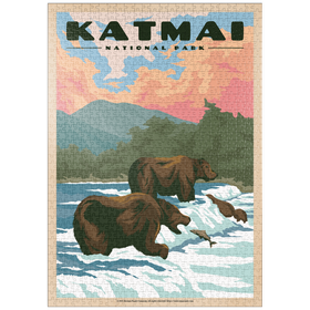 Darstellung des Puzzle-Motivs Katmai National Park - Fishing Bears At Brooks Falls, Vintage Travel Poster – Puzzleteile: 1000