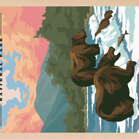 Katmai National Park - Fishing Bears At Brooks Falls, Vintage Travel Poster 1000 Puzzle 3D Modell