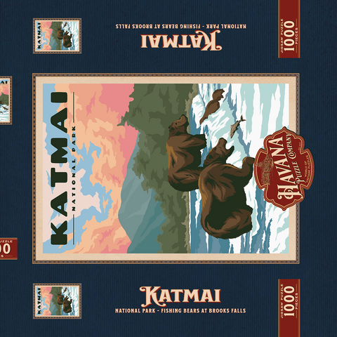 Katmai National Park - Fishing Bears At Brooks Falls, Vintage Travel Poster 1000 Puzzle Schachtel 3D Modell