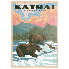 Darstellung des Puzzle Motivs Katmai National Park - Fishing Bears At Brooks Falls, Vintage Travel Poster - Puzzleteile: 100