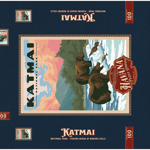 Katmai National Park - Fishing Bears At Brooks Falls, Vintage Travel Poster 100 Puzzle Schachtel 3D Modell