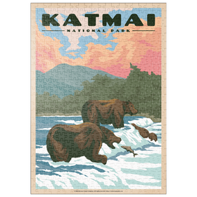 Darstellung des Puzzle Motivs Katmai National Park - Fishing Bears At Brooks Falls, Vintage Travel Poster - Puzzleteile: 500