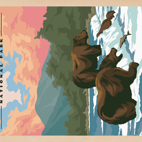 Katmai National Park - Fishing Bears At Brooks Falls, Vintage Travel Poster 500 Puzzle 3D Modell