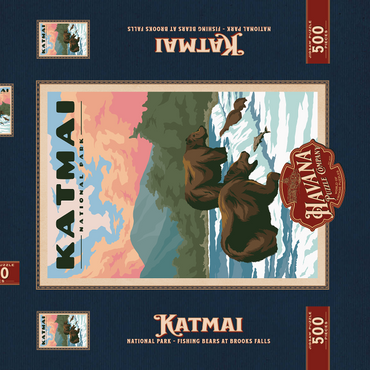 Katmai National Park - Fishing Bears At Brooks Falls, Vintage Travel Poster 500 Puzzle Schachtel 3D Modell