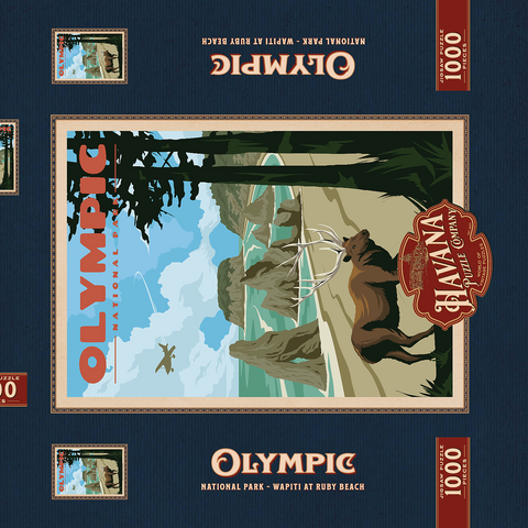 Olympic National Park - Wapiti at Ruby Beach, Vintage Travel Poster 1000 Puzzle Schachtel 3D Modell