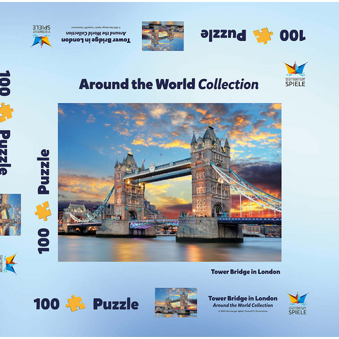 Tower Bridge in London im Sonnenuntergang 100 Puzzle Schachtel 3D Modell