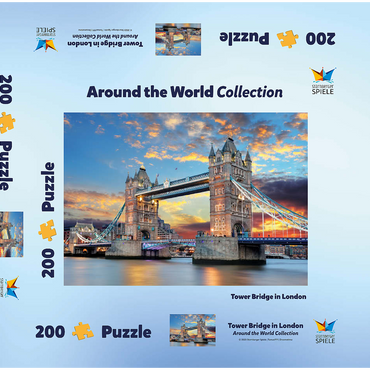 Tower Bridge in London im Sonnenuntergang 200 Puzzle Schachtel 3D Modell