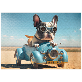 Darstellung des Puzzle-Motivs Lustige Bulldogge fährt Auto – Puzzleteile: 1000