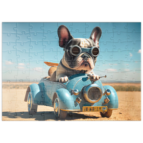 Darstellung des Puzzle Motivs Lustige Bulldogge fährt Auto - Puzzleteile: 100