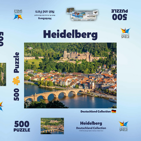 Blick auf Heidelberg - Altstadt, Alte Brücke und Schloss 500 Puzzle Schachtel 3D Modell
