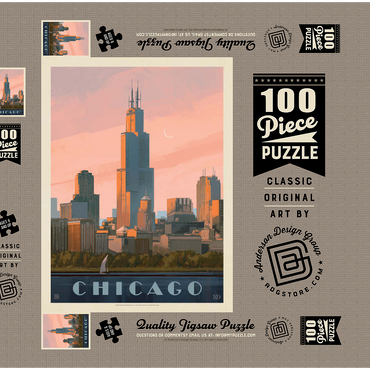Chicago Skyline: Lake Michigan, Vintage Poster 100 Puzzle Schachtel 3D Modell