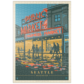 Darstellung des Puzzle-Motivs USA-Seattle, WA: Morning at the Market, Vintage Poster – Puzzleteile: 500
