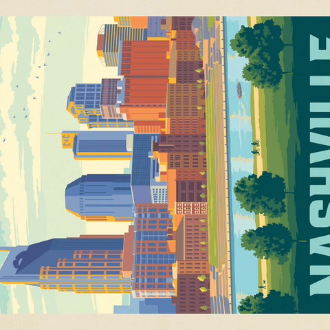 Nashville Skyline: Summer On The Riverfront, Vintage Poster 1000 Puzzle 3D Modell