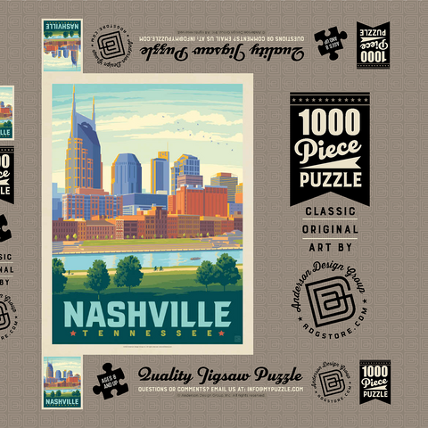 Nashville Skyline: Summer On The Riverfront, Vintage Poster 1000 Puzzle Schachtel 3D Modell
