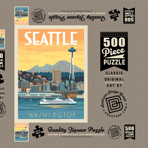 Seattle, WA: Ferry, Vintage Poster 500 Puzzle Schachtel 3D Modell