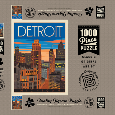 Detroit, MI: Skyline, Vintage Poster 1000 Puzzle Schachtel 3D Modell