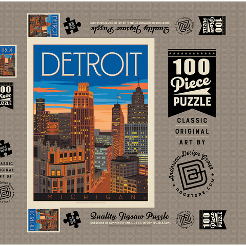 Detroit, MI: Skyline, Vintage Poster 100 Puzzle Schachtel 3D Modell