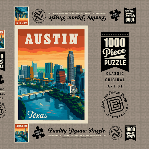 Austin, Texas: Skyline, Vintage Poster 1000 Puzzle Schachtel 3D Modell