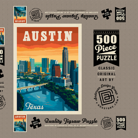Austin, Texas: Skyline, Vintage Poster 500 Puzzle Schachtel 3D Modell