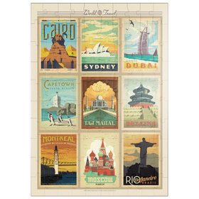 Darstellung des Puzzle-Motivs World Travel, Collage, Vintage Poster – Puzzleteile: 100