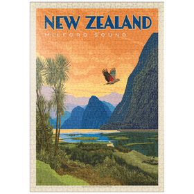 Darstellung des Puzzle-Motivs Neuseeland: Milford Sound, Vintage Poster – Puzzleteile: 1000