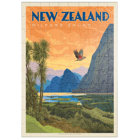 Darstellung des Puzzle-Motivs Neuseeland: Milford Sound, Vintage Poster – Puzzleteile: 100
