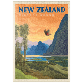 Darstellung des Puzzle Motivs Neuseeland: Milford Sound, Vintage Poster - Puzzleteile: 500