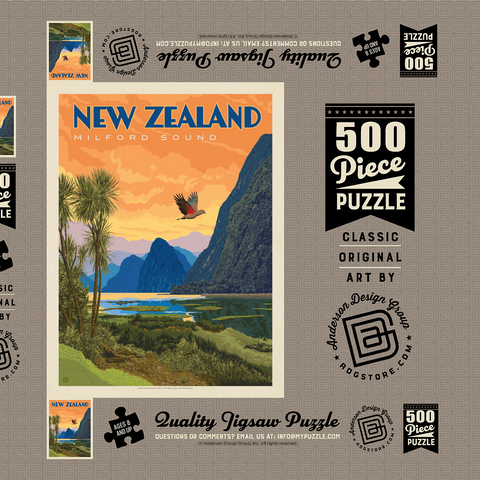 New Zealand: Milford Sound, Vintage Poster 500 Puzzle Schachtel 3D Modell