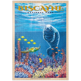 Darstellung des Puzzle-Motivs Biscayne National Park - Manatees Whispering Beneath, Vintage Travel Poster – Puzzleteile: 1000