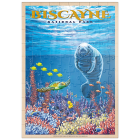 Darstellung des Puzzle Motivs Biscayne National Park - Manatees Whispering Beneath, Vintage Travel Poster - Puzzleteile: 100