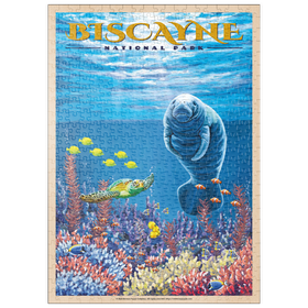 Darstellung des Puzzle-Motivs Biscayne National Park - Manatees Whispering Beneath, Vintage Travel Poster – Puzzleteile: 500